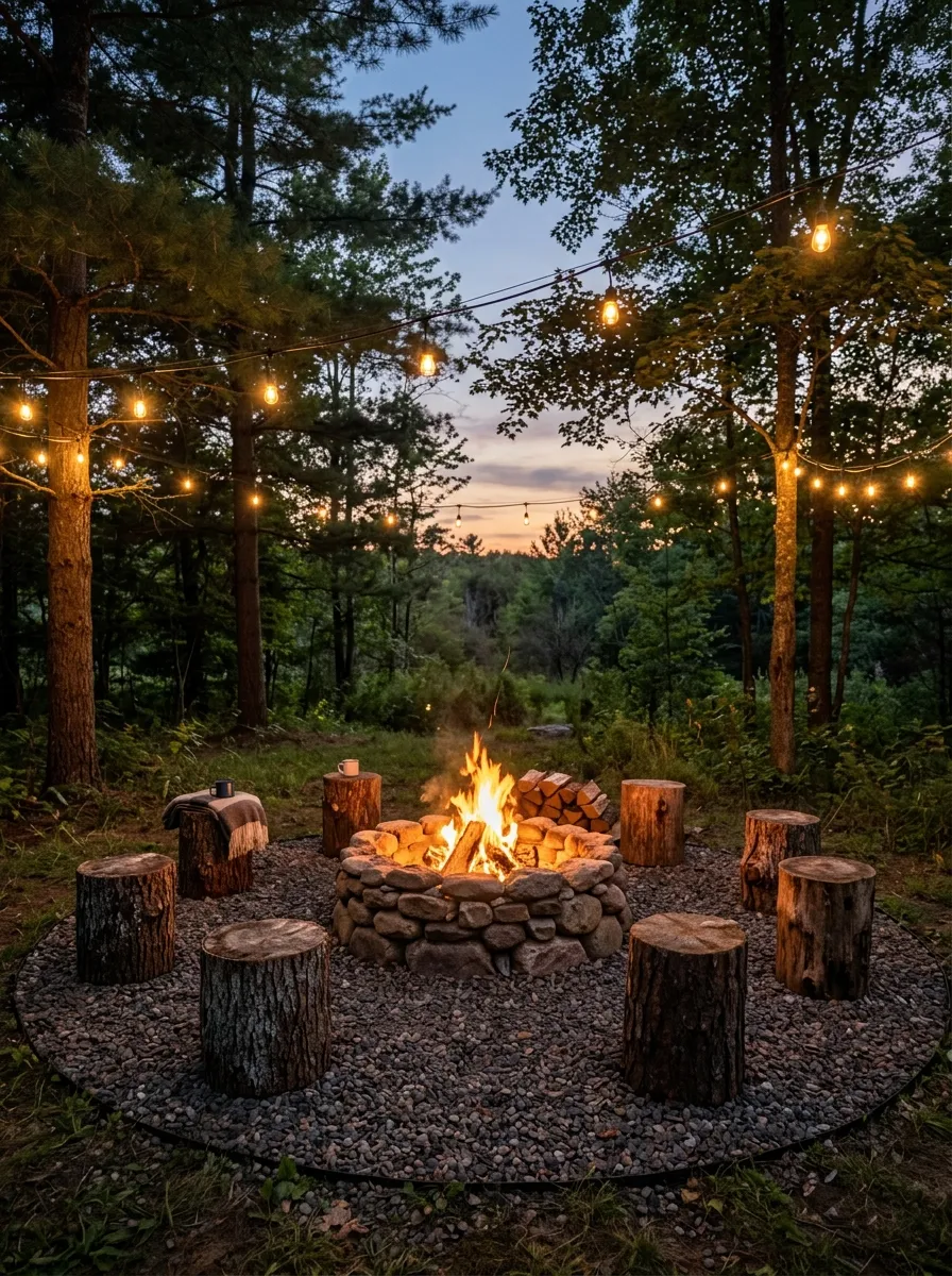 A circular gravel patch surrounding a stone fire pit, with tree stump seats