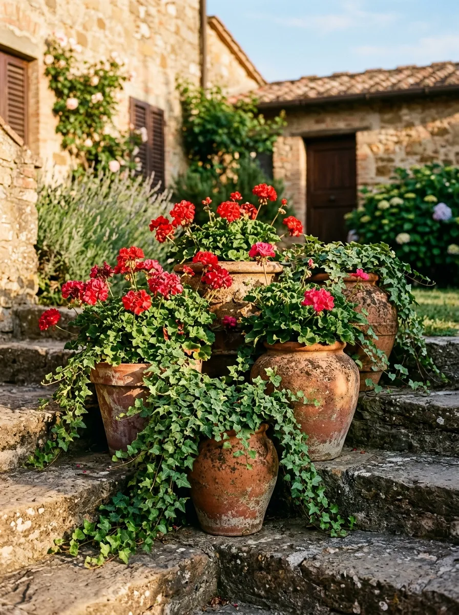 A cluster of aged terracotta pots holding geraniums and trailing ivy