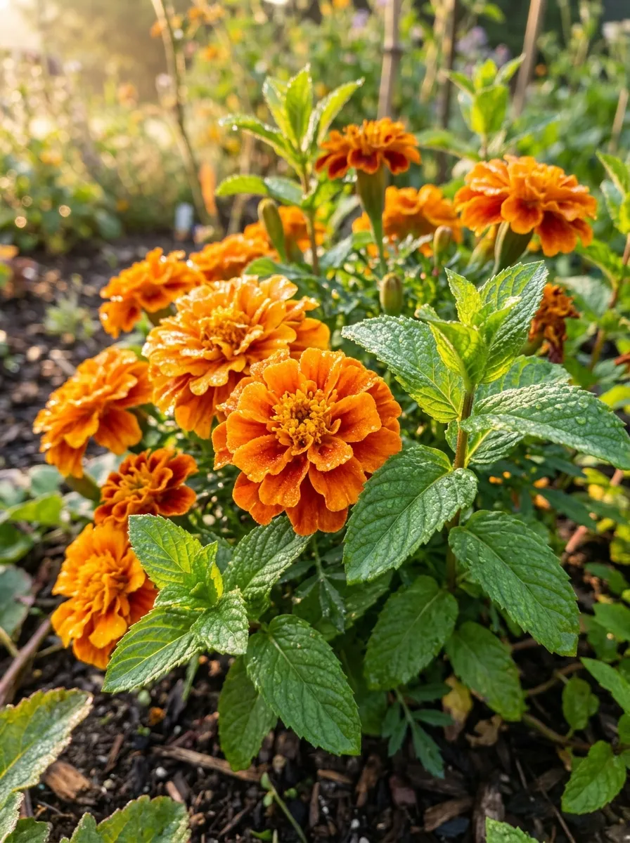 22 Easy Beginner Garden Ideas That Make Growing Plants Simple 3 A cluster of bright orange marigolds and green mint growing together in a garden bed