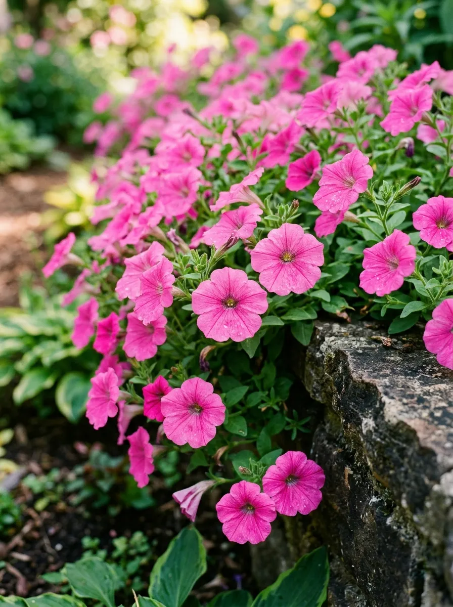 A cluster of bright pink wave petunias sprawling over a garden bed edge