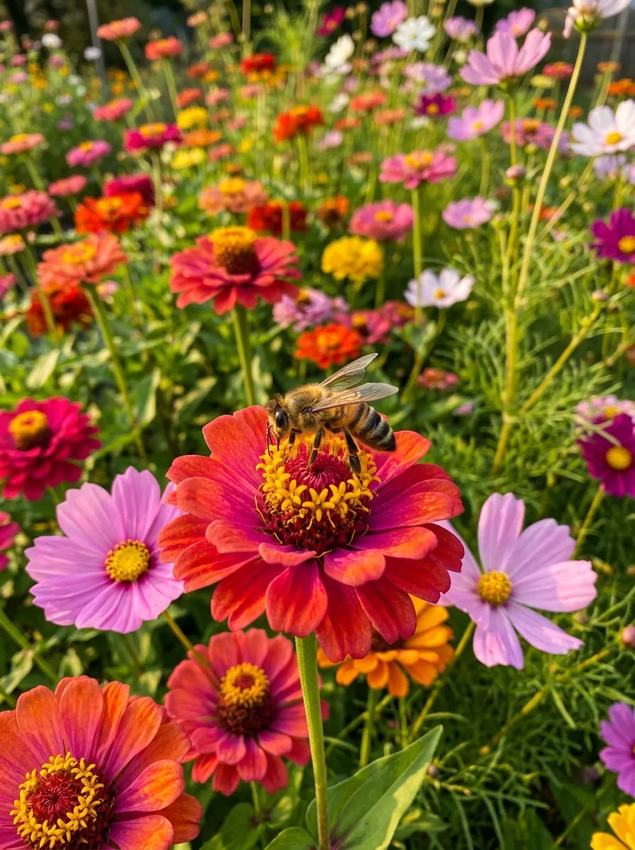 22 Easy Beginner Garden Ideas That Make Growing Plants Simple 22 A cluster of bright zinnias and cosmos flowers in a garden bed