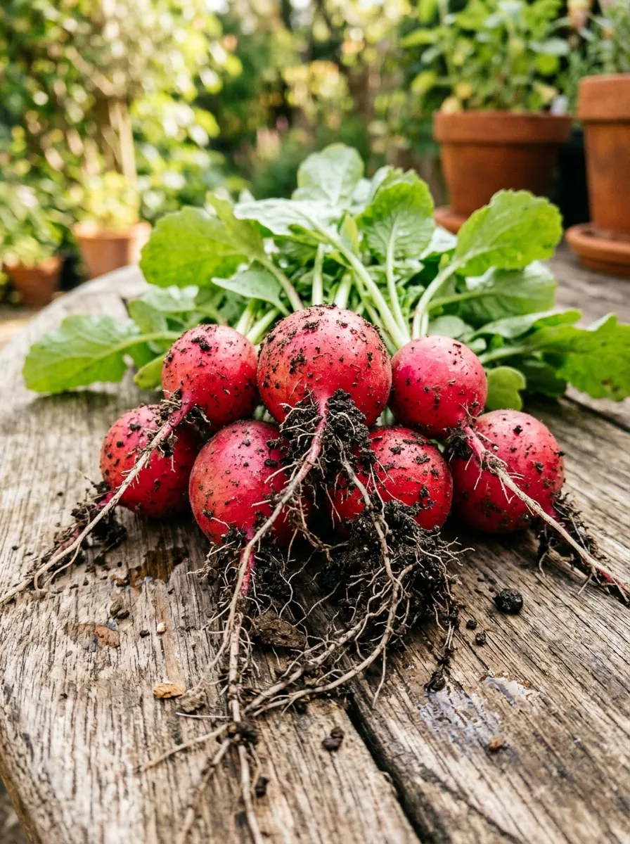 22 Easy Beginner Garden Ideas That Make Growing Plants Simple 9 A cluster of freshly pulled red radishes with soil still clinging to their roots