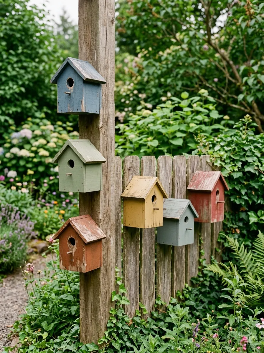 A cluster of small wooden birdhouses mounted on a fence and a garden post