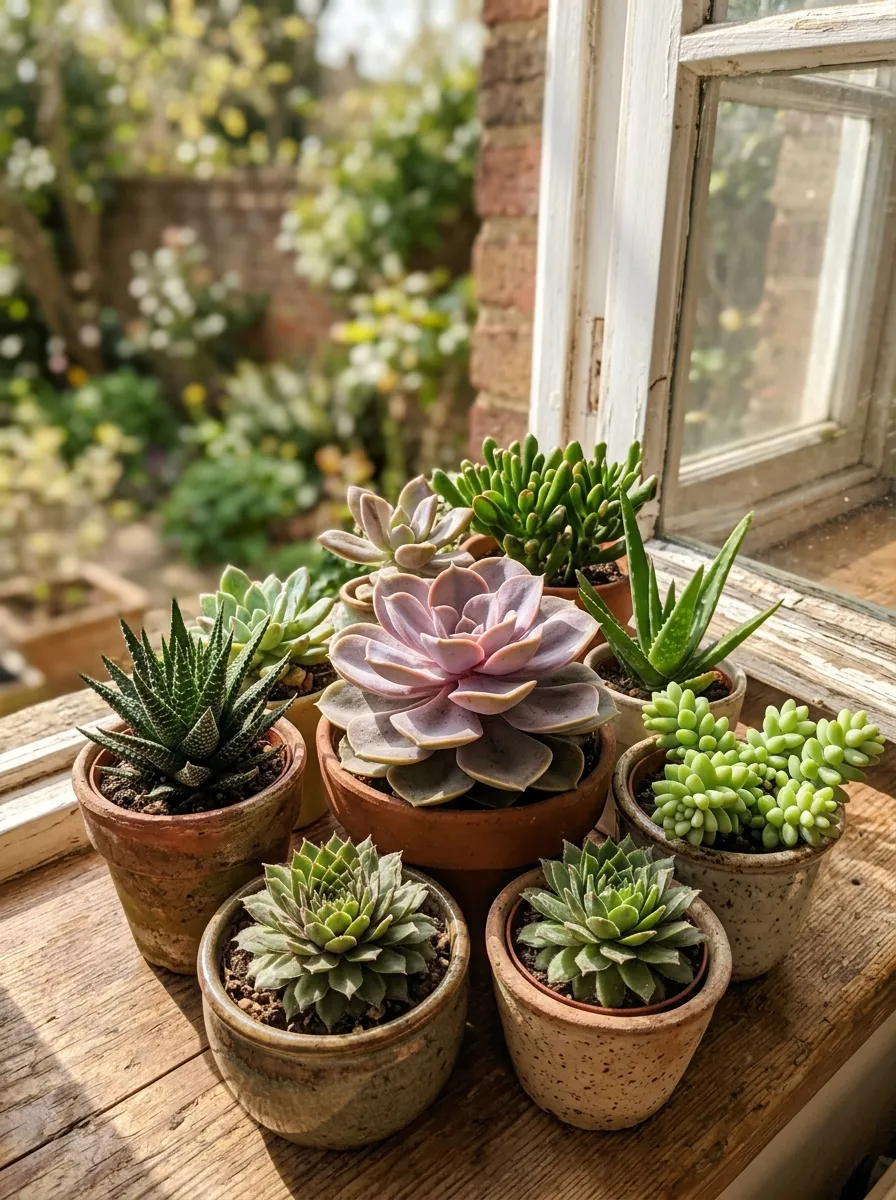 22 Easy Beginner Garden Ideas That Make Growing Plants Simple 14 A collection of small succulents in varied shapes arranged on a sunny windowsill