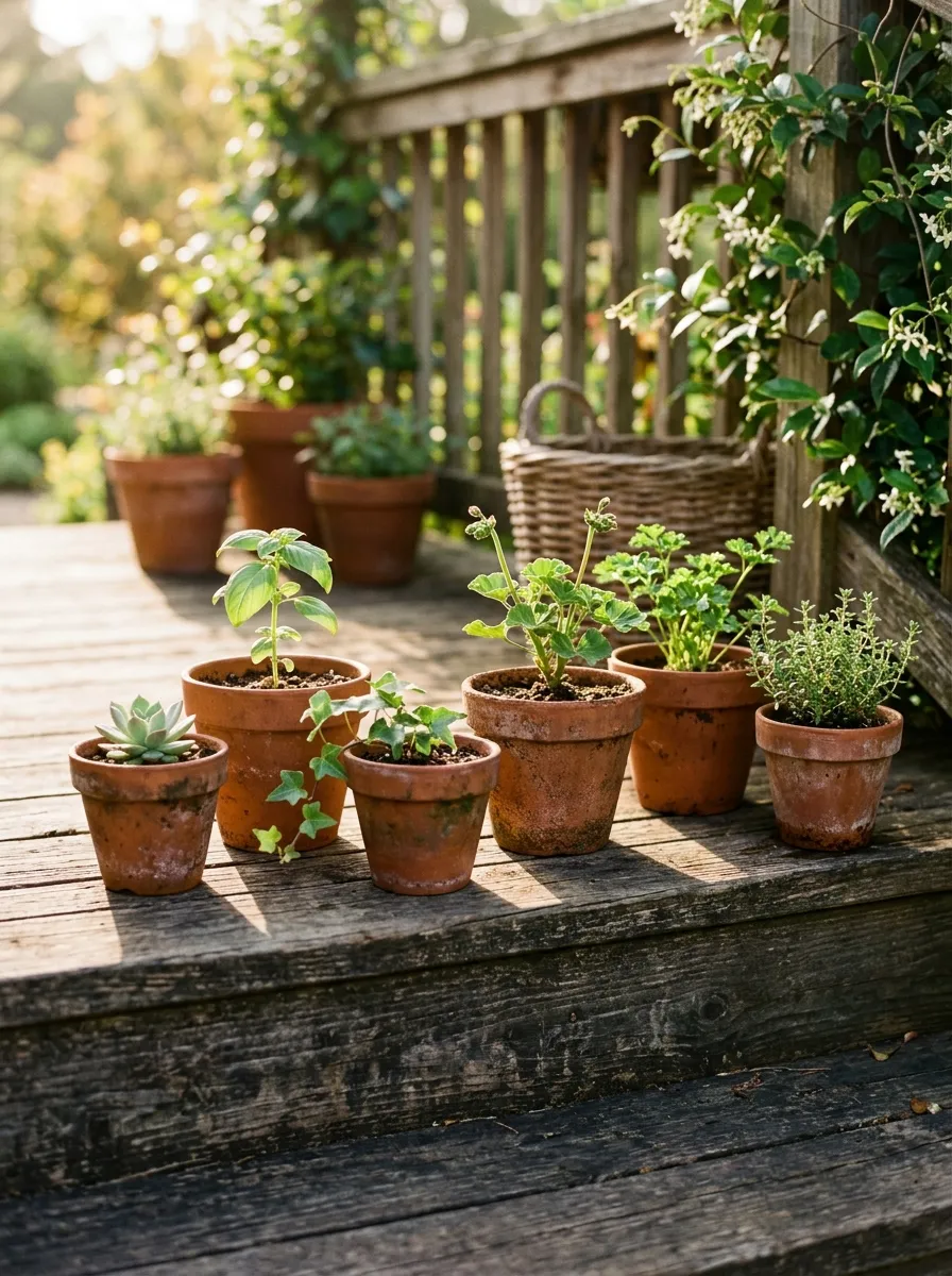 22 Easy Beginner Garden Ideas That Make Growing Plants Simple 2 A collection of terracotta pots on a wooden porch step