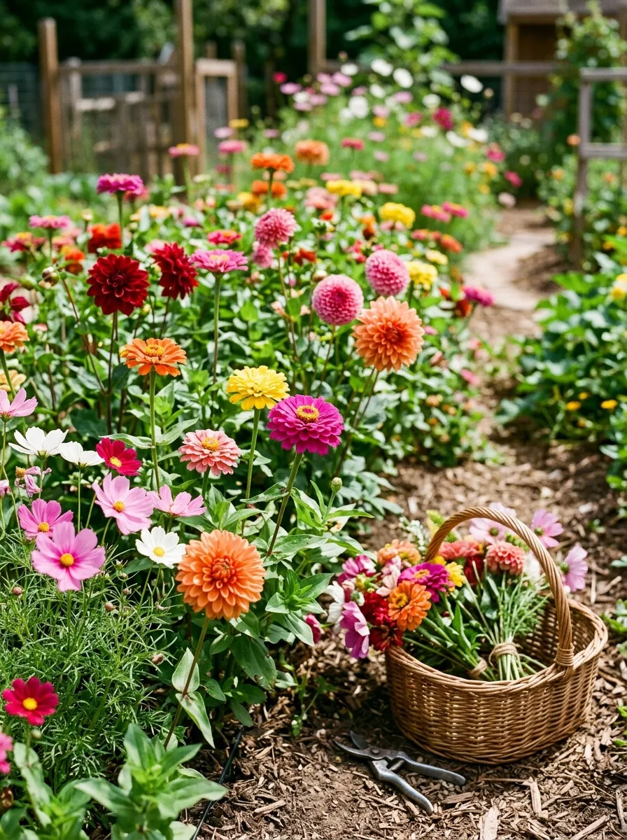 A dedicated flower bed filled with zinnias, dahlias, and cosmos grown in loose rows for cutting