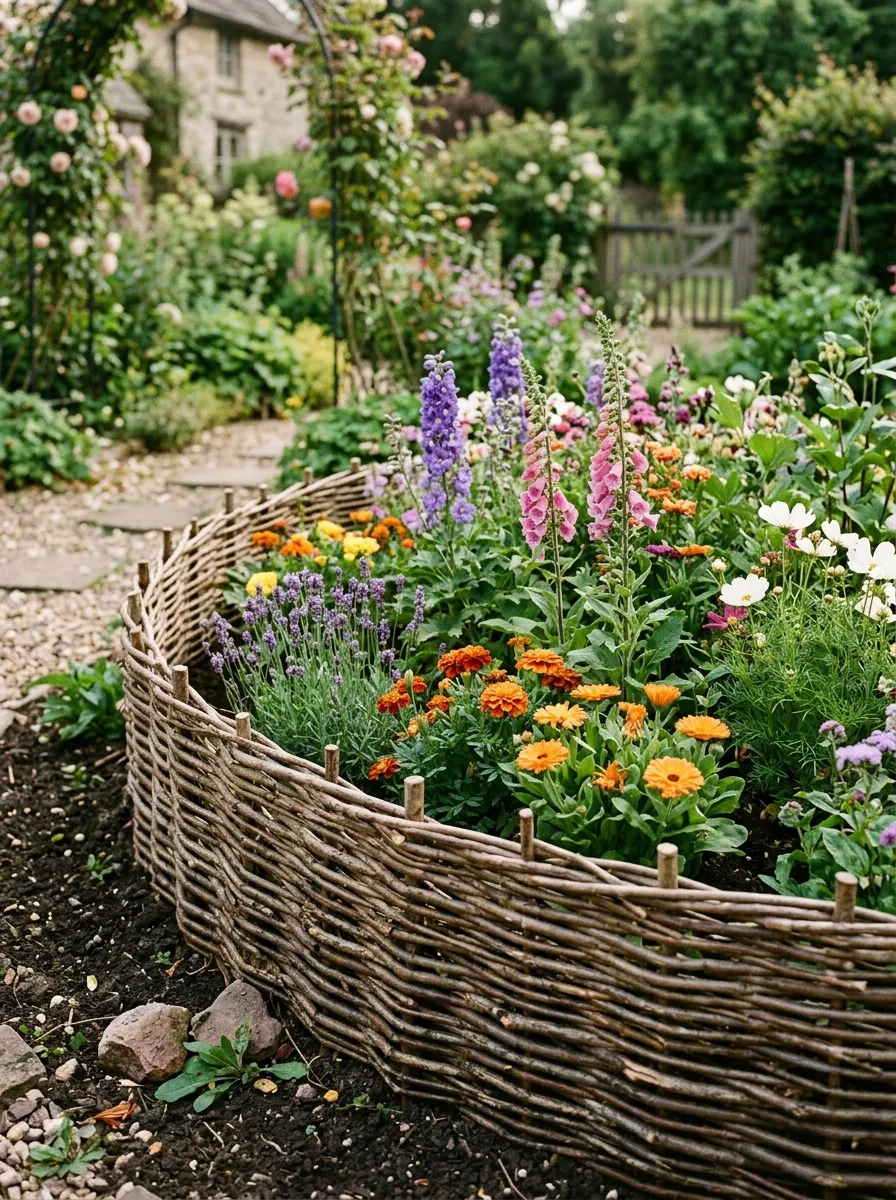 A garden bed bordered with a woven willow branch fence