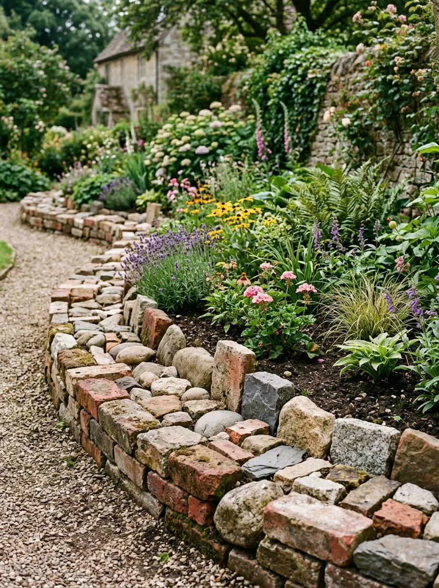 A garden bed bordered with mismatched reclaimed bricks and stones of different colors