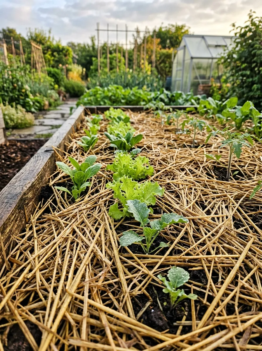 22 Easy Beginner Garden Ideas That Make Growing Plants Simple 10 A garden bed covered in a thick layer of straw mulch surrounding young vegetable plants