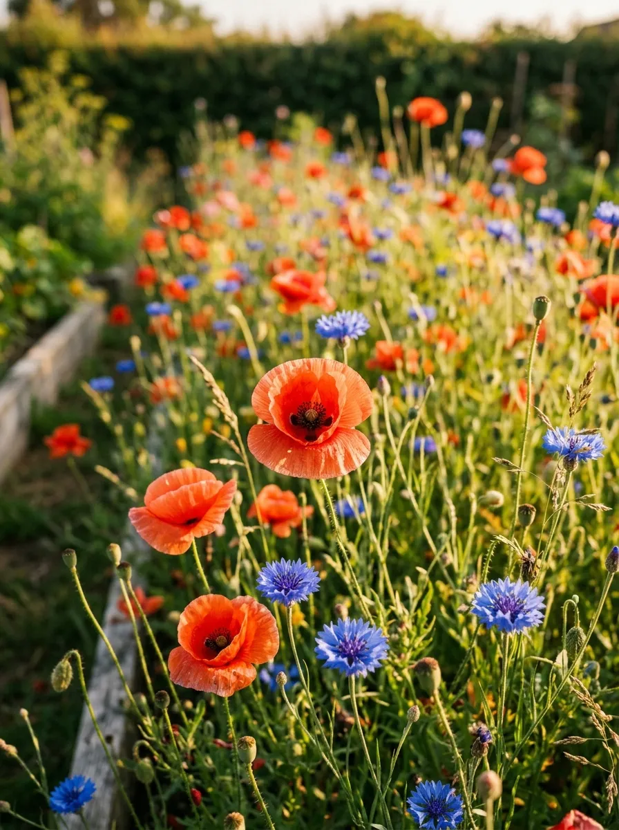 A garden bed filled with poppies and cornflowers scattered informally rather than in rows