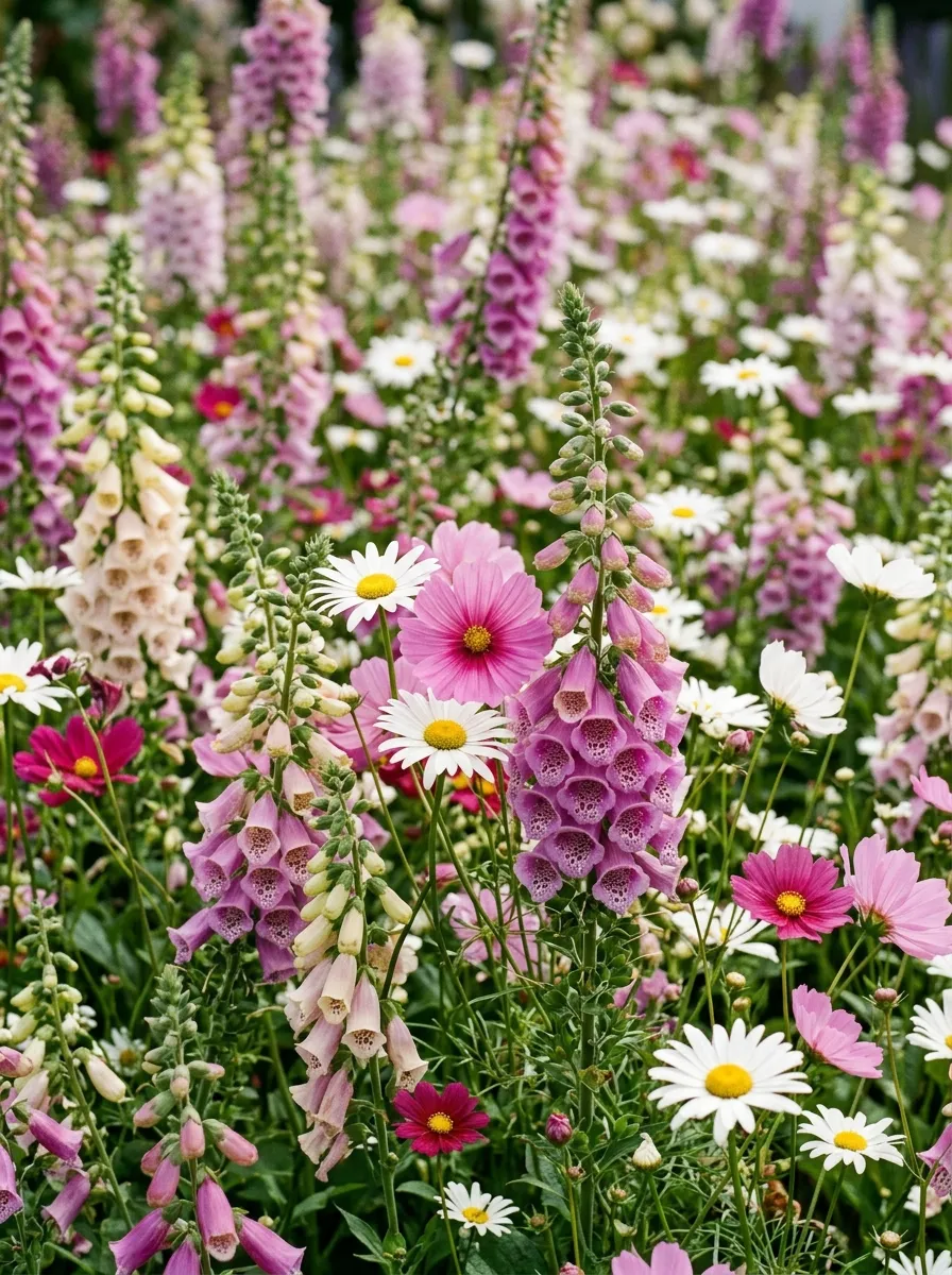 A garden bed packed with overlapping foxgloves, daisies, and cosmos