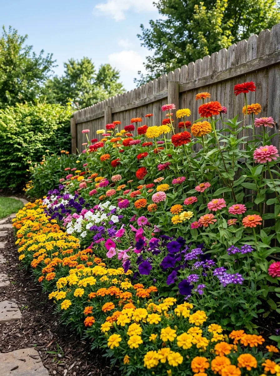 A garden border with tiered rows of flowers in ascending heights