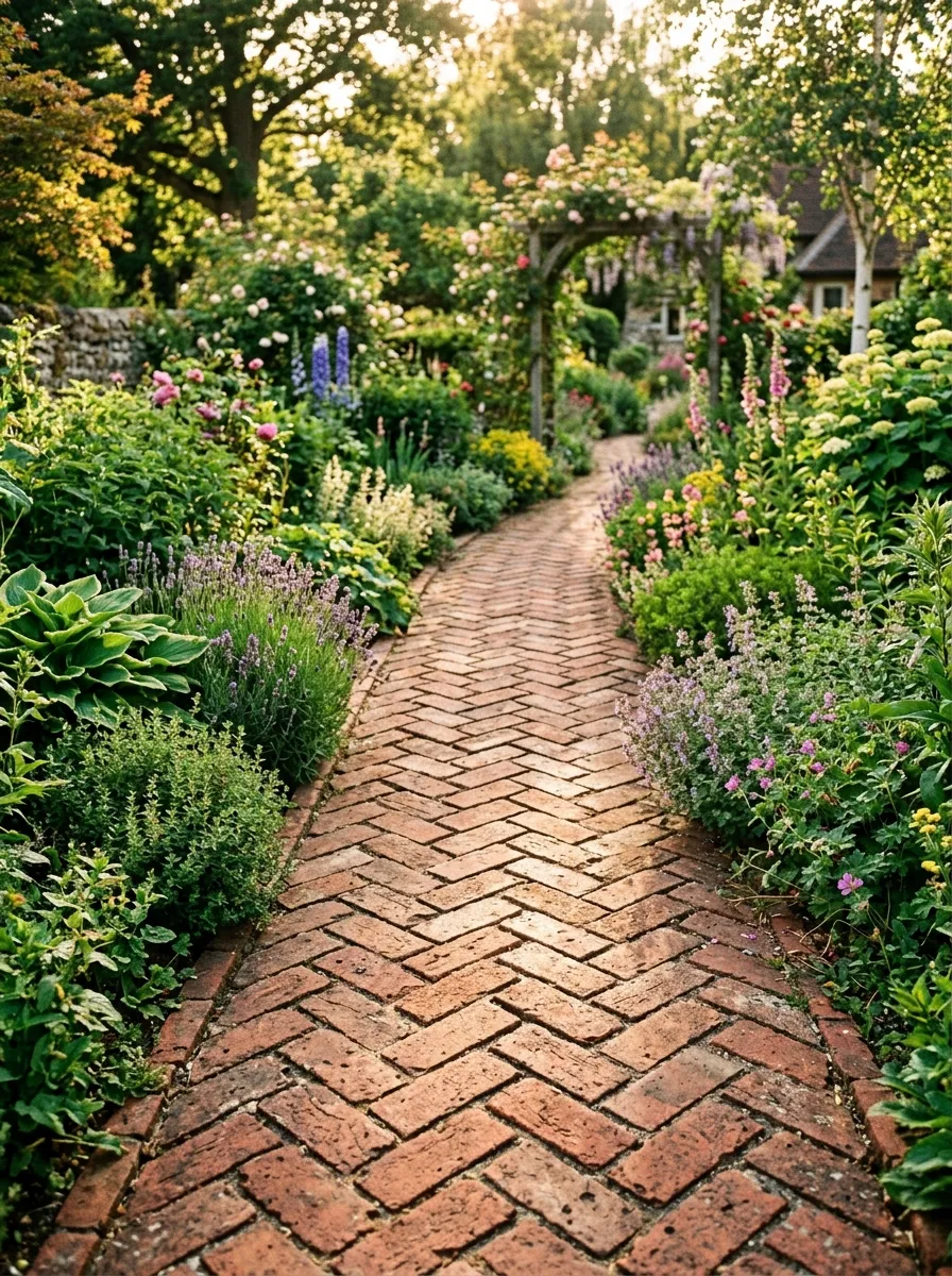 A garden path made of reclaimed red bricks laid in a herringbone pattern