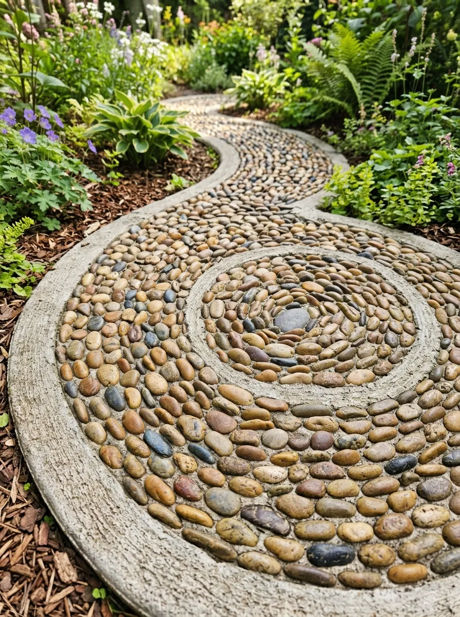 A garden path made of small smooth river pebbles arranged in a simple spiral pattern