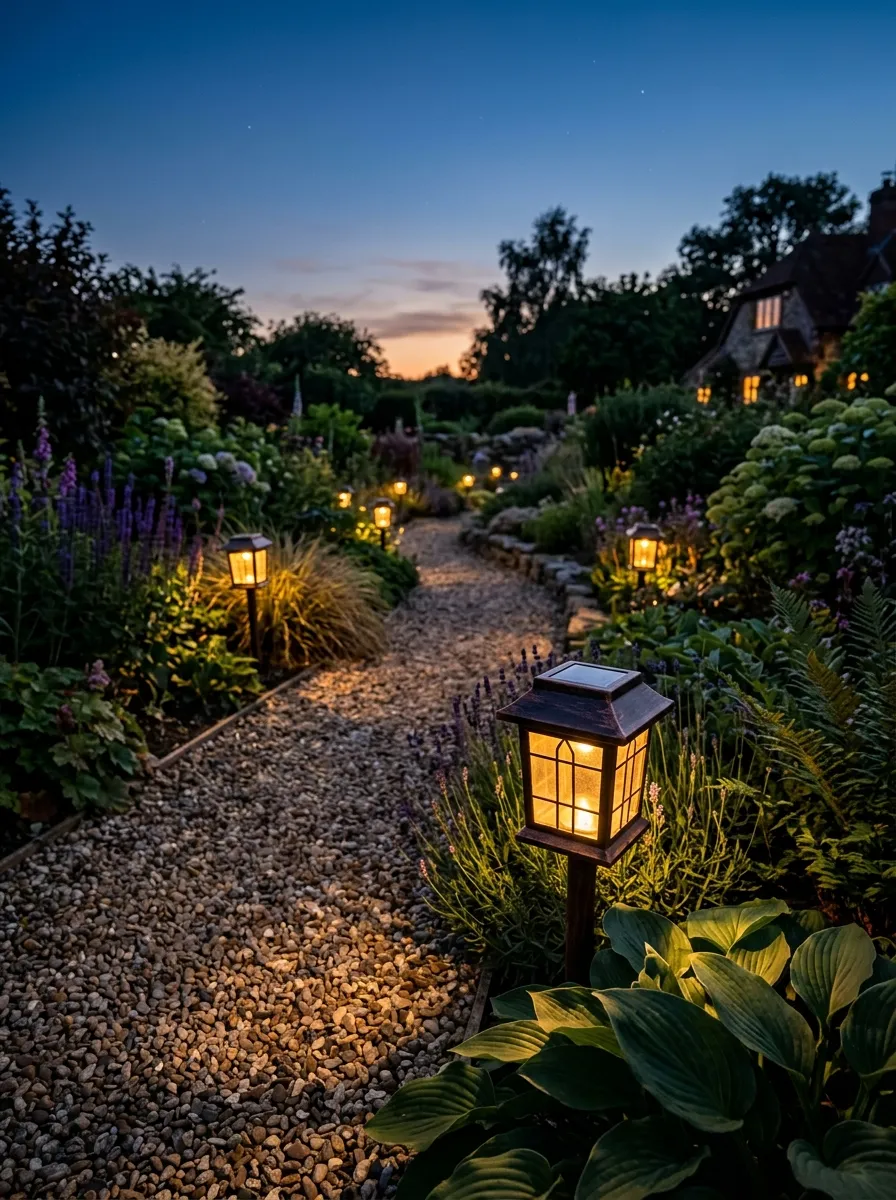 A gravel garden path lit softly by small solar lantern stakes at dusk, warm glowing light