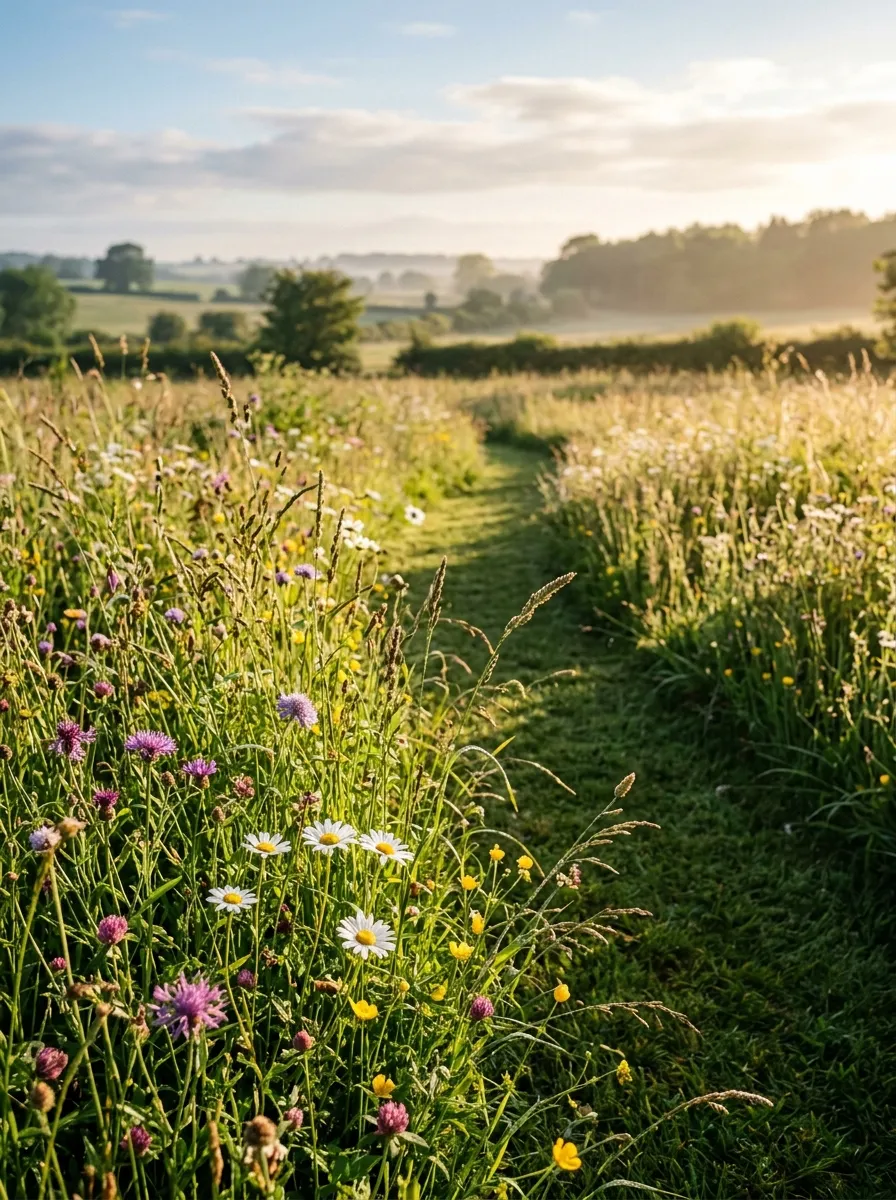 A mown grass path cutting through a wild meadow of tall wildflowers and grasses