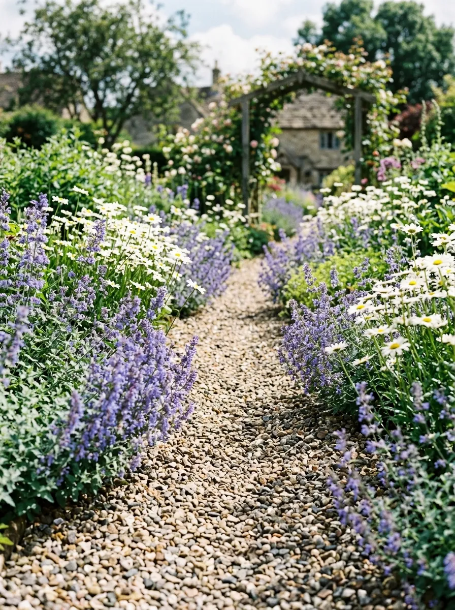A narrow gravel path winding through a garden bed