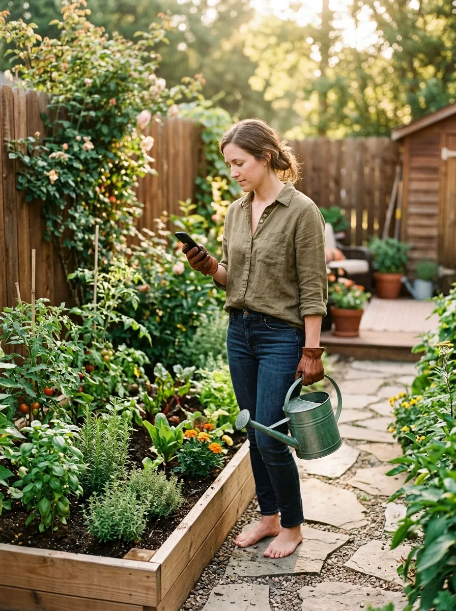 22 Easy Beginner Garden Ideas That Make Growing Plants Simple 20 A person checking a phone reminder while standing beside a small backyard garden
