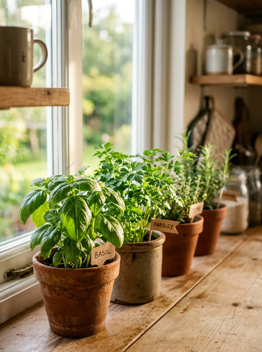 22 Easy Beginner Garden Ideas That Make Growing Plants Simple 4 A row of small herb pots lined up on a bright kitchen windowsill