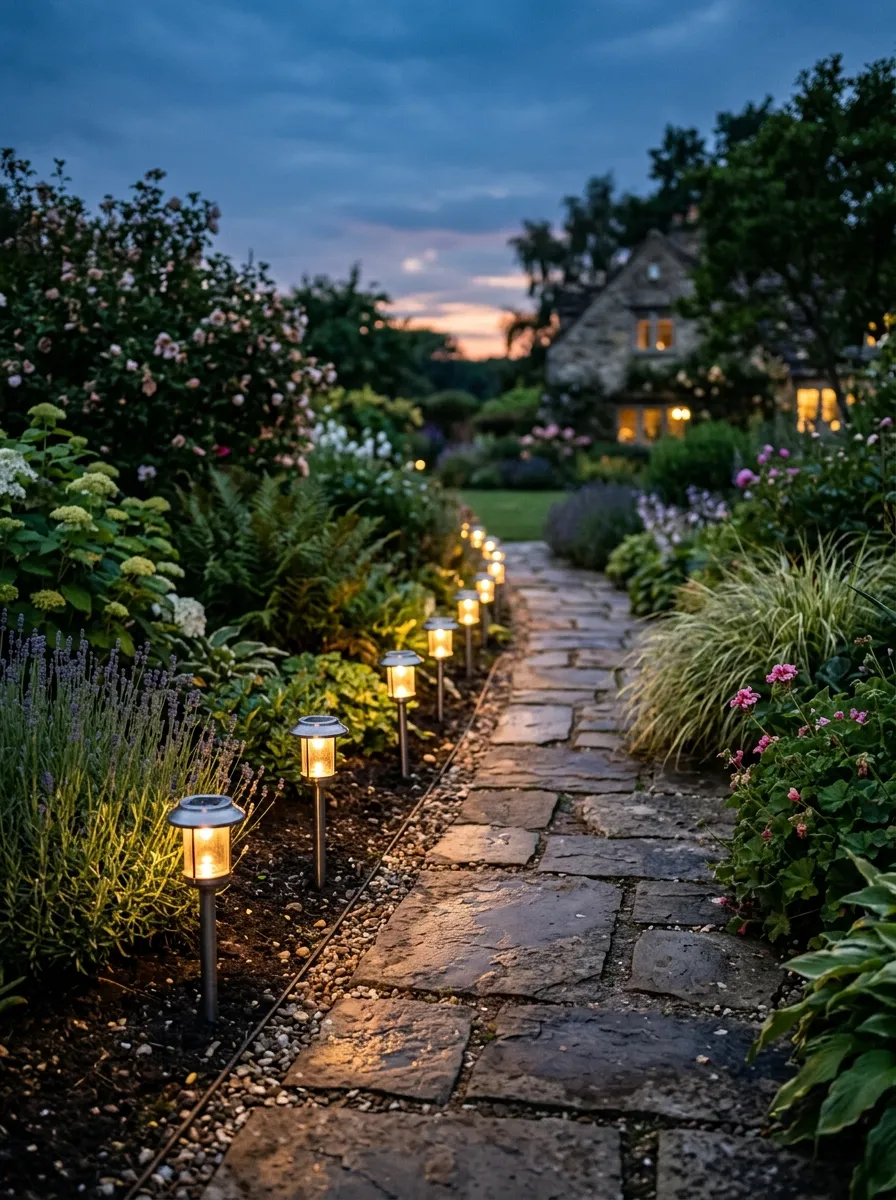 A row of small solar garden lights glowing softly along a stone pathway at dusk