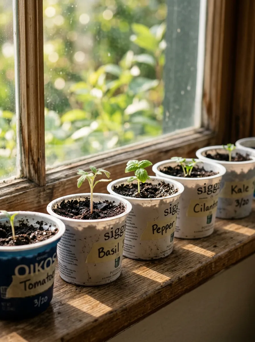 22 Easy Beginner Garden Ideas That Make Growing Plants Simple 6 A row of small yogurt cups repurposed as seed starters