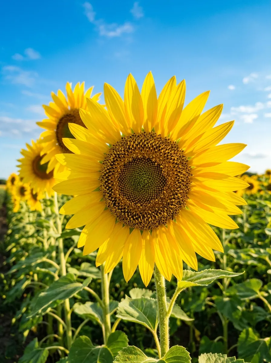 22 Easy Beginner Garden Ideas That Make Growing Plants Simple 19 A row of tall sunflowers in full bloom against a bright blue sky