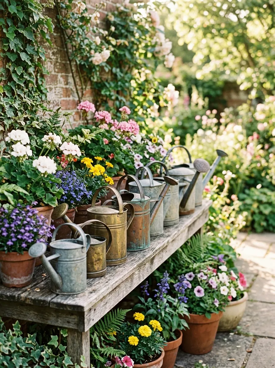 A row of vintage metal watering cans in varying sizes, displayed along a garden