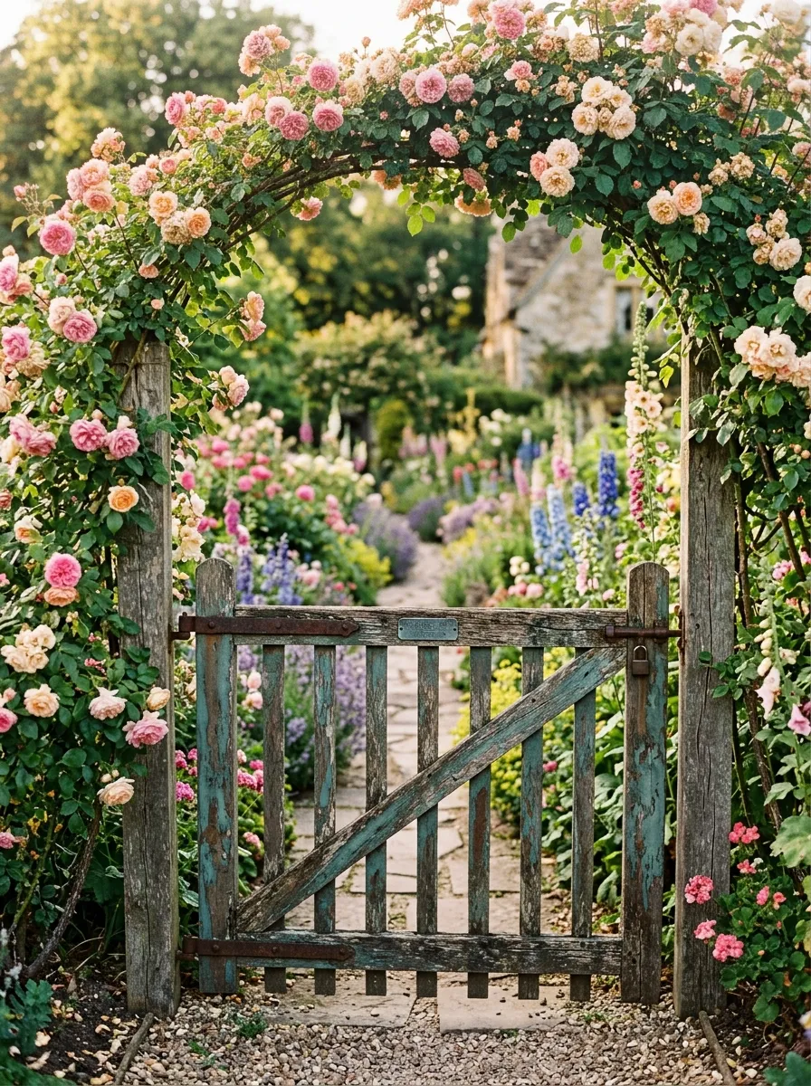 A rustic wooden gate, paint peeling slightly, standing at the entrance to a flower