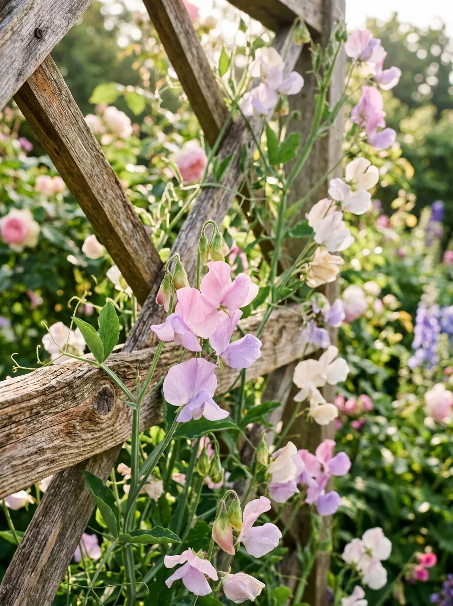 A rustic wooden trellis covered in climbing sweet pea vines with delicate pastel blooms
