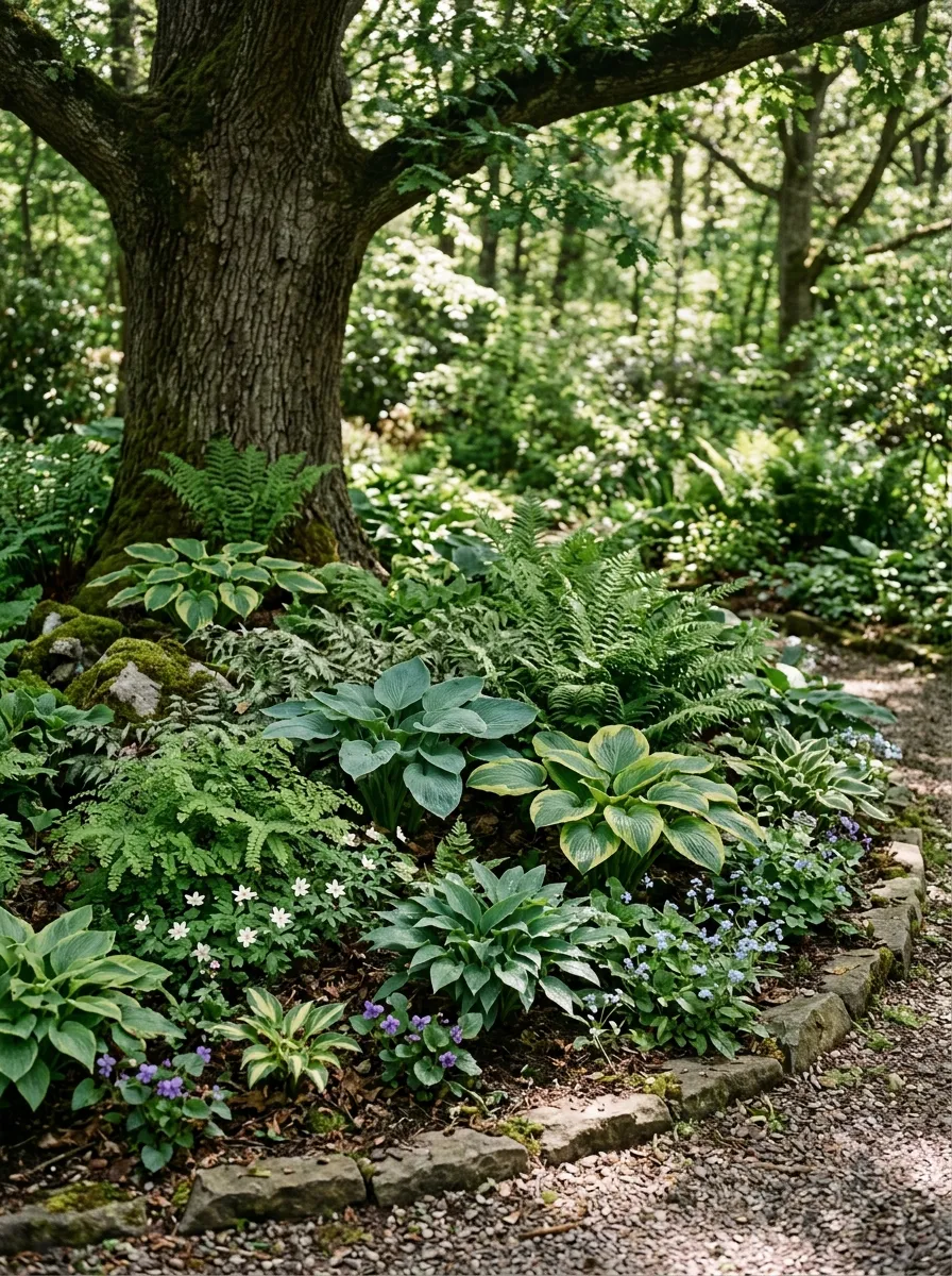 A shaded garden bed beneath a large tree, filled with ferns