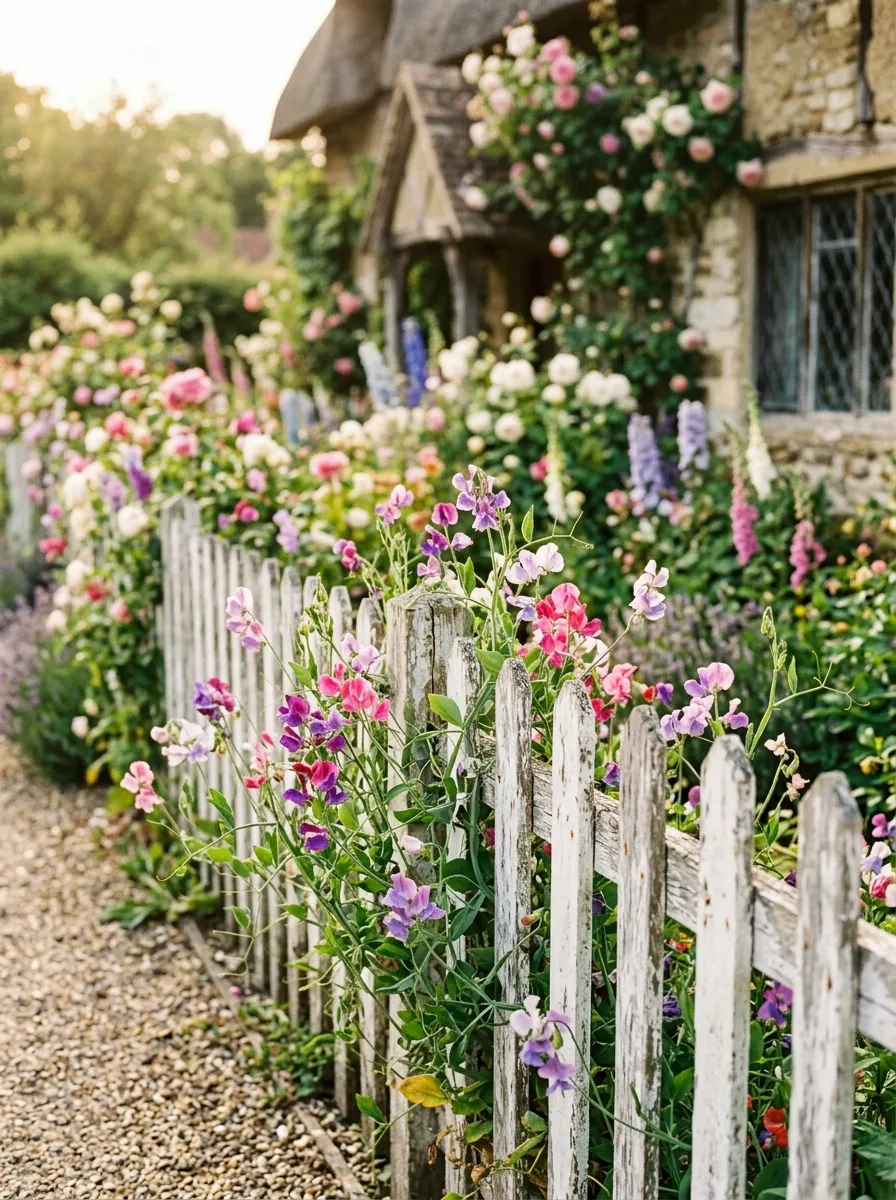 A short white picket fence section bordering a cottage garden bed