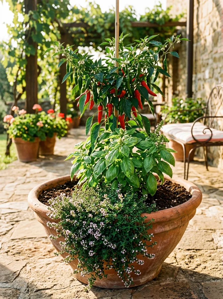 22 Easy Beginner Garden Ideas That Make Growing Plants Simple 12 A single large planter pot combining a tall pepper plant