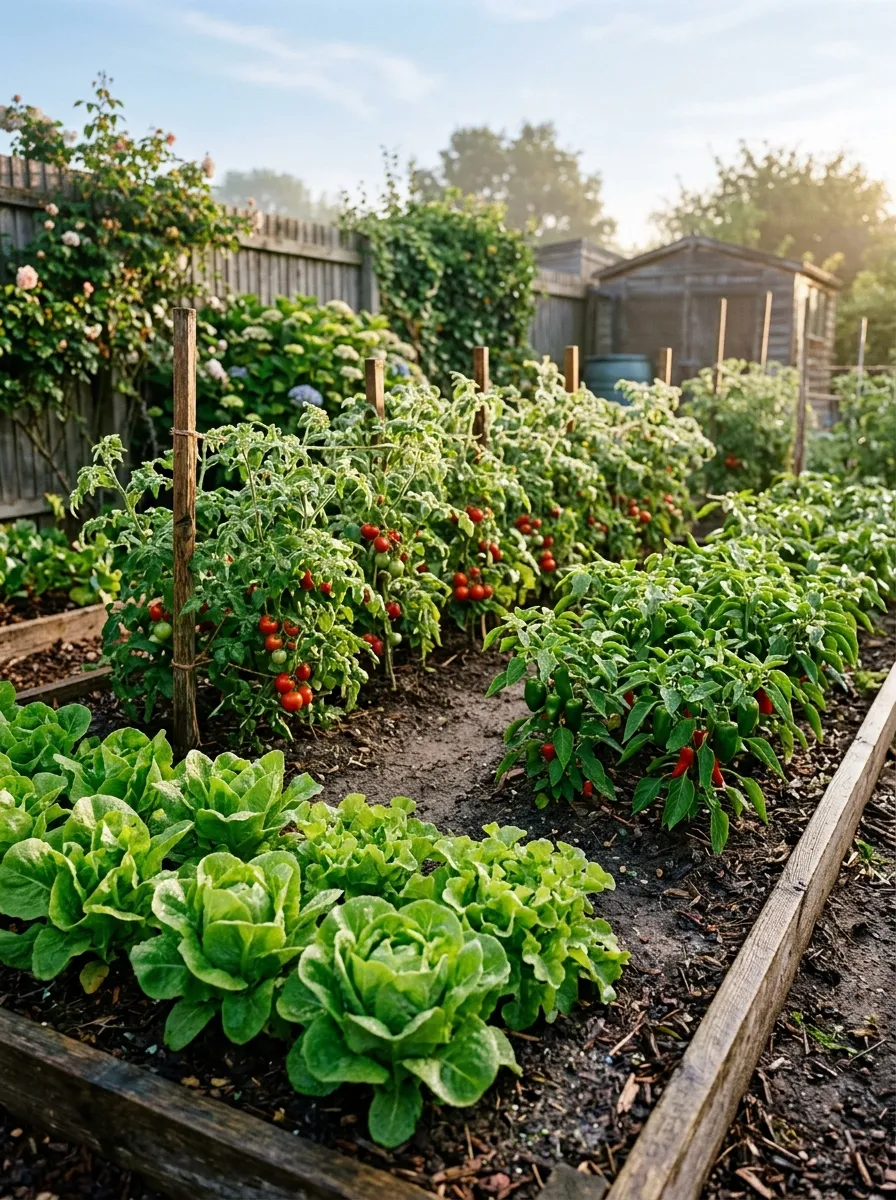 A small backyard vegetable patch with neat rows of tomato plants, peppers, and lettuce