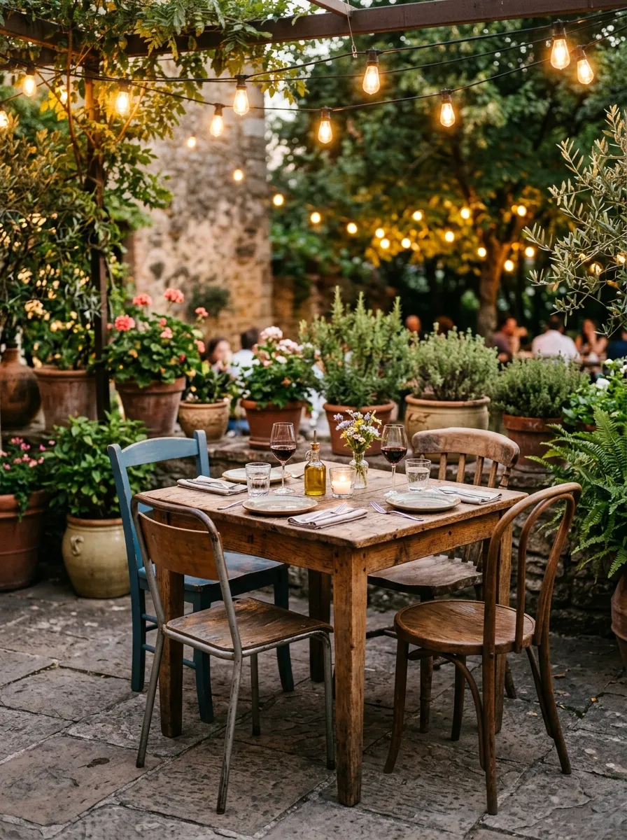 A small outdoor dining area with a wooden table and mismatched chairs set beneath string lights