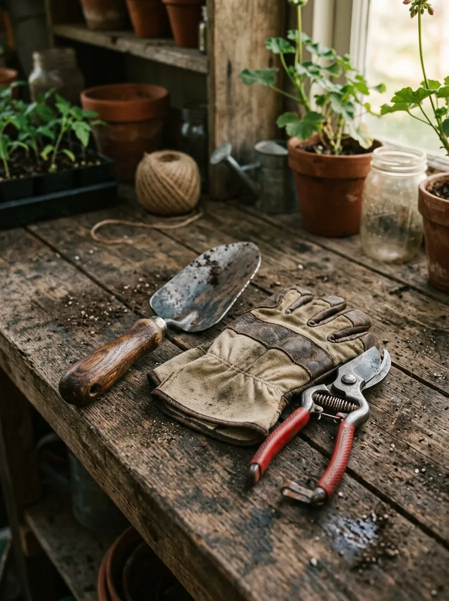 22 Easy Beginner Garden Ideas That Make Growing Plants Simple 17 A small set of basic gardening tools, a trowel, gloves, and pruning shears