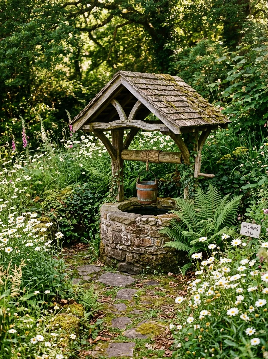 A small stone wishing well feature tucked among overgrown daisies and ferns in a shaded garden