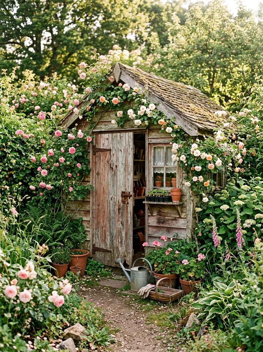 A small weathered wooden potting shed tucked among climbing roses