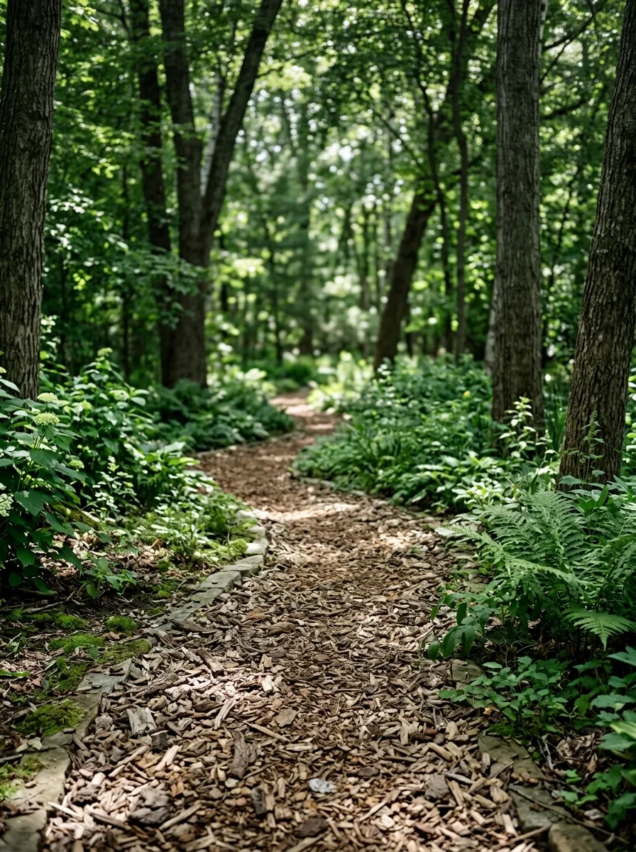 A soft wood-chip path winding through a shaded, tree-lined section of a backyard