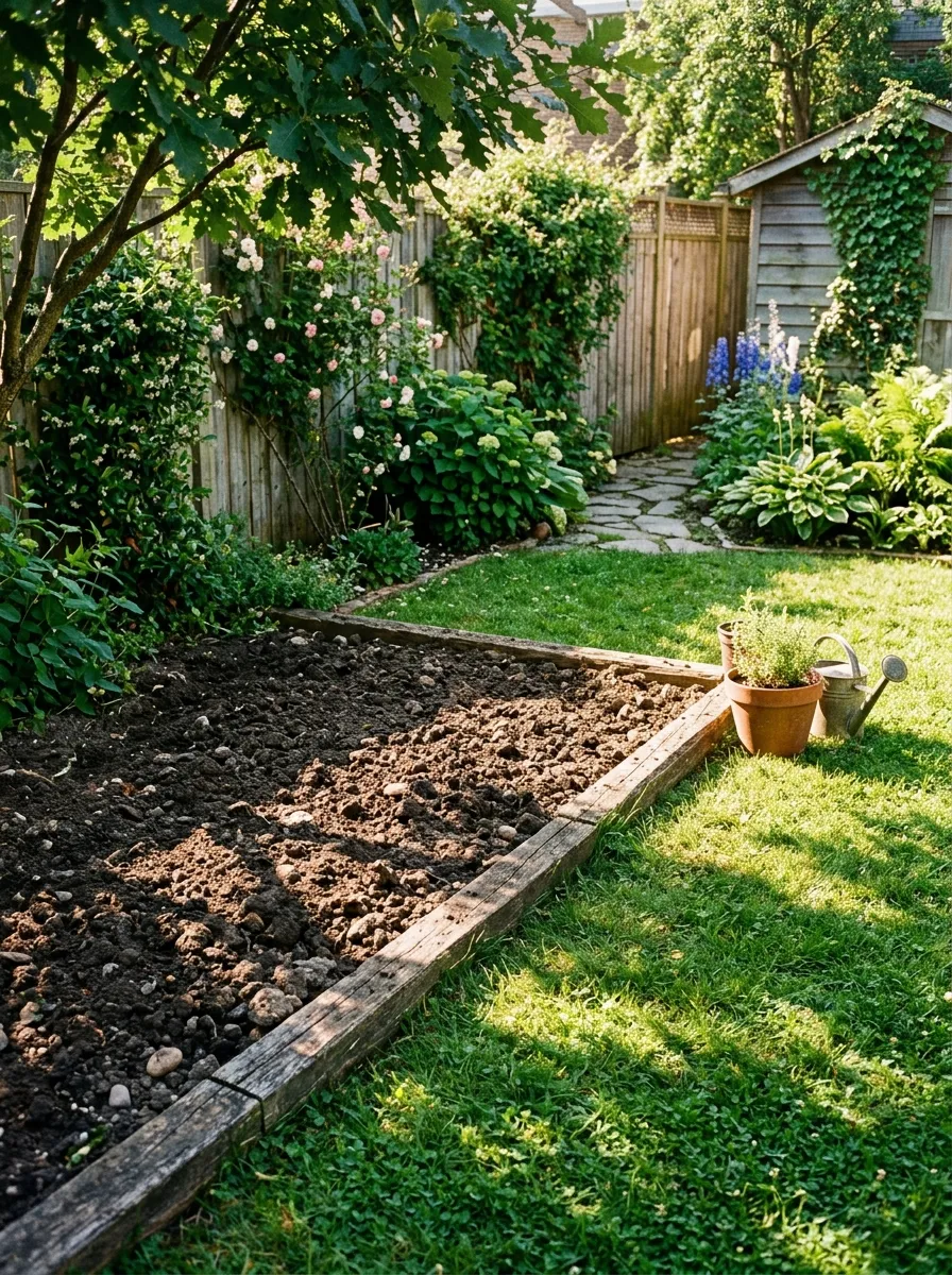 22 Easy Beginner Garden Ideas That Make Growing Plants Simple 8 A sunlit backyard corner with clear morning-to-afternoon light falling across an empty garden bed