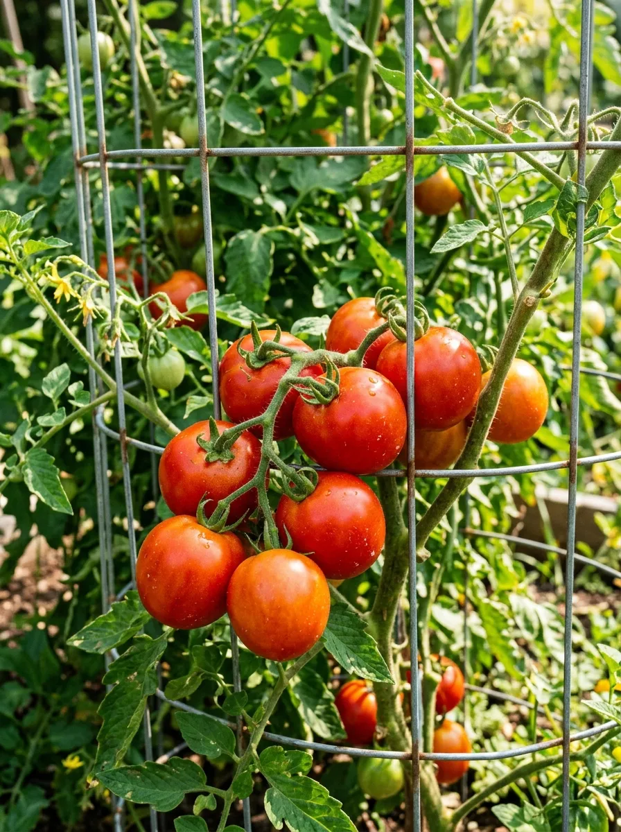 22 Easy Beginner Garden Ideas That Make Growing Plants Simple 13 A tomato plant supported by a simple wire cage