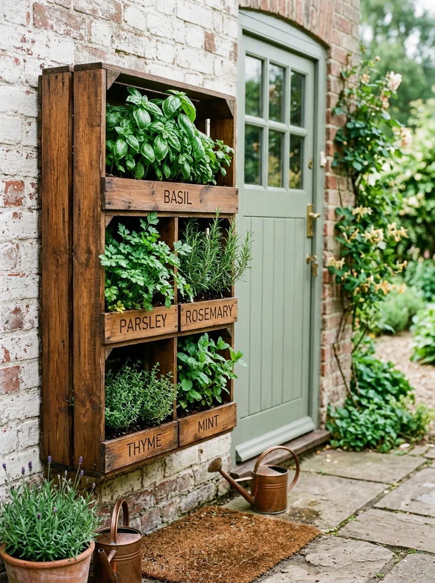A wall-mounted wooden crate herb garden near a back door, planted with basil