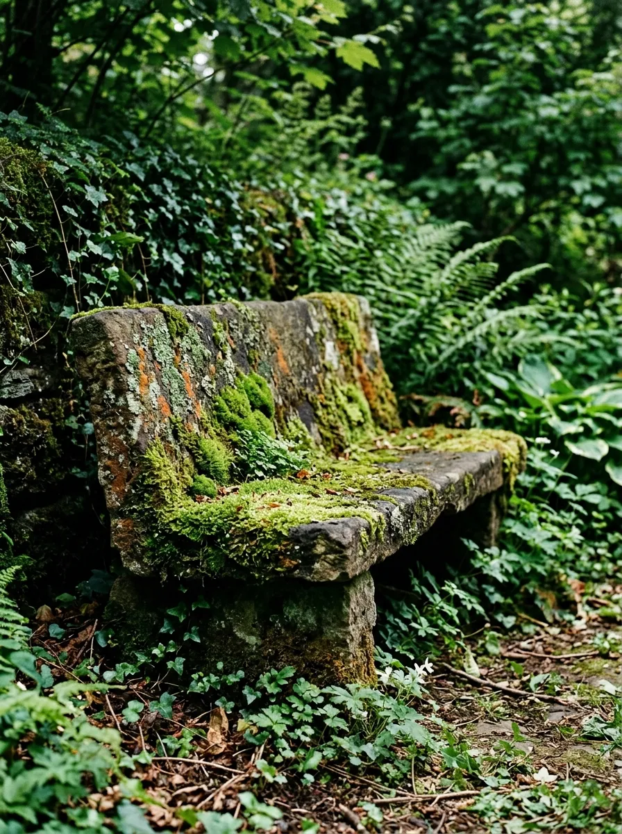 A weathered stone bench covered in patches of green moss and lichen