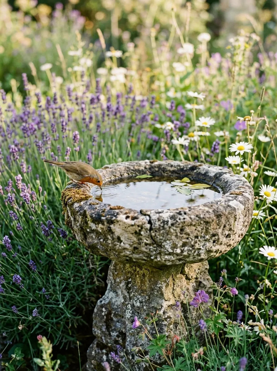 A weathered stone birdbath sitting among overgrown lavender and daisies, a small bird perched on its edge