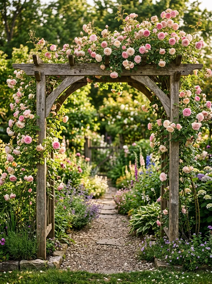 A wooden arbor covered in climbing roses, standing at the entrance to a backyard garden path