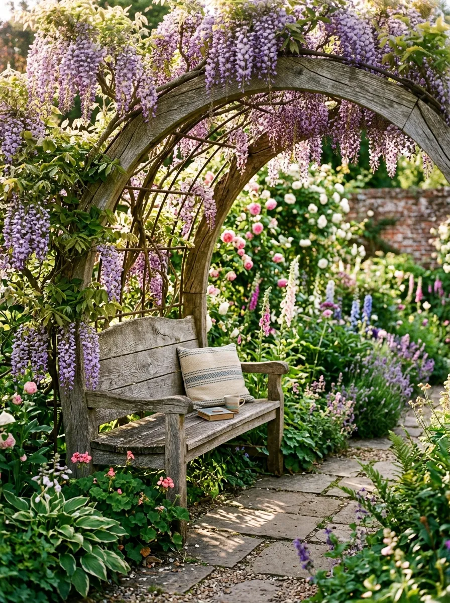 A wooden bench built into an arched trellis frame, covered in climbing wisteria