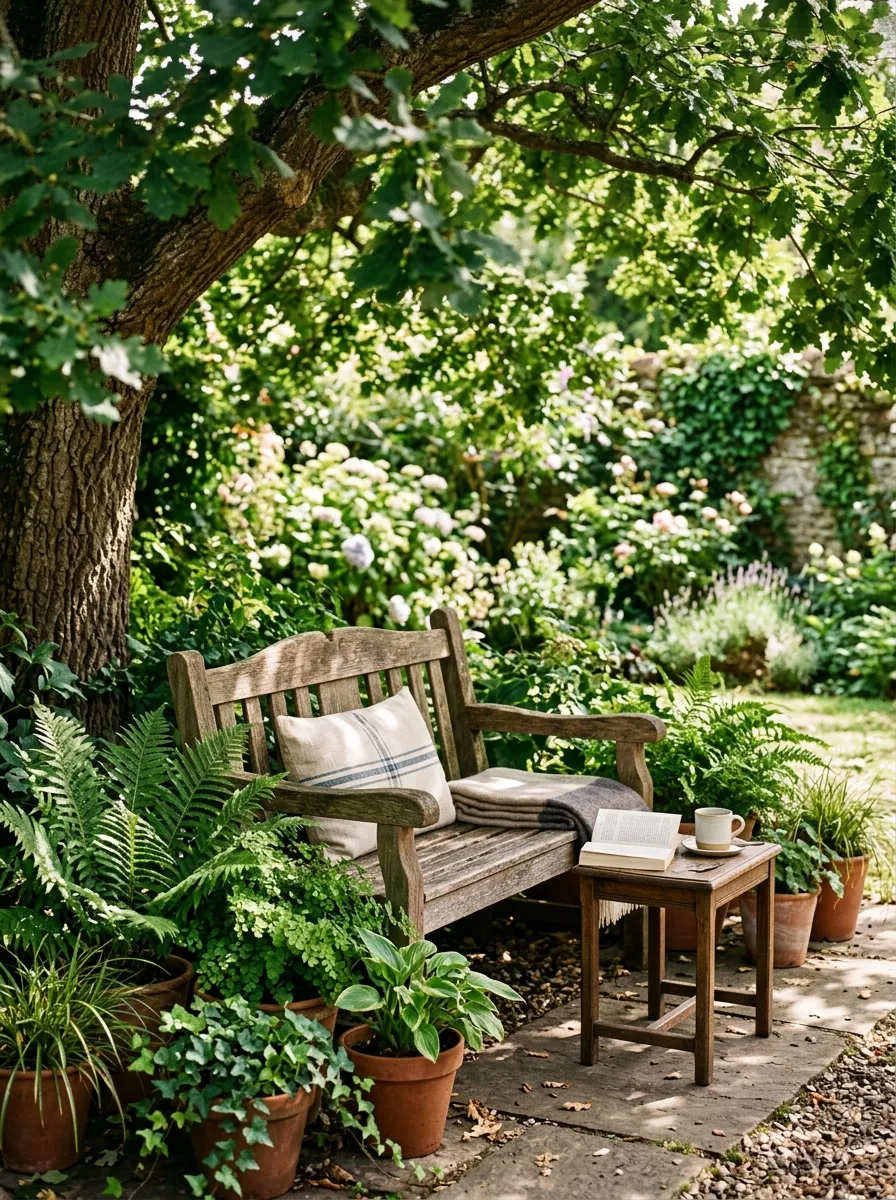 A wooden garden bench tucked beneath a leafy tree, surrounded by potted ferns