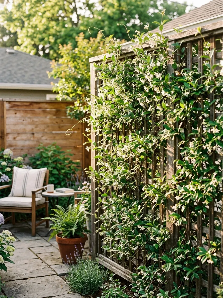 A wooden lattice screen covered in climbing jasmine vines, separating a backyard patio