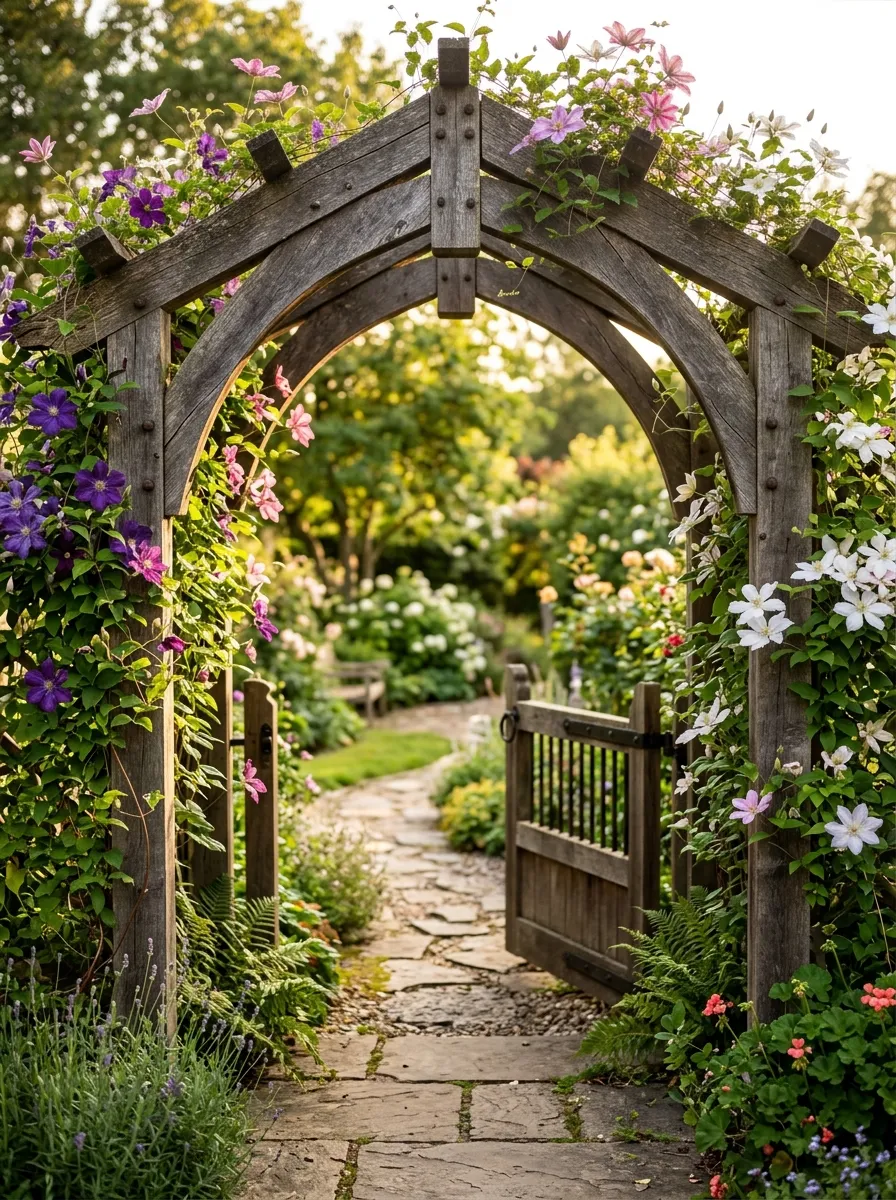 A wooden trellis archway covered in climbing clematis vines, framing a garden gate entrance