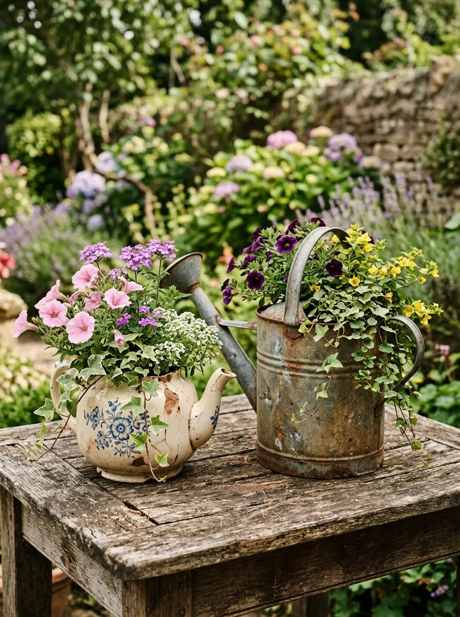 An old metal watering can and a chipped ceramic teapot repurposed as planters