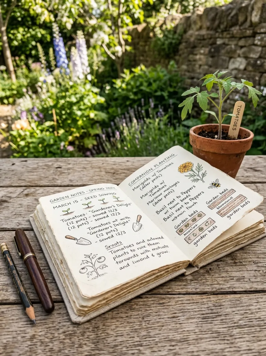 22 Easy Beginner Garden Ideas That Make Growing Plants Simple 15 An open notebook with handwritten garden notes and small sketches